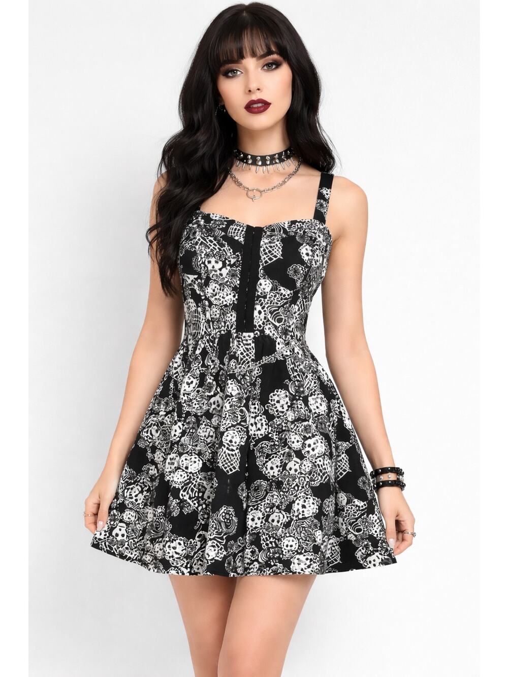 Y2K Royal Bones Skull Print Corset Front Mini Dress Small